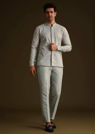 Powder Blue Silk Mirror Work Indo Jacket Set