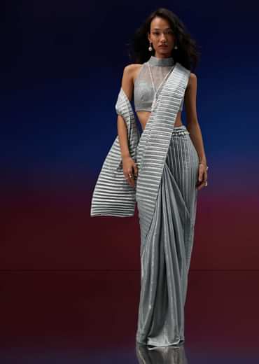 Powder Blue Silver Foil Open Saree With Net Blouse