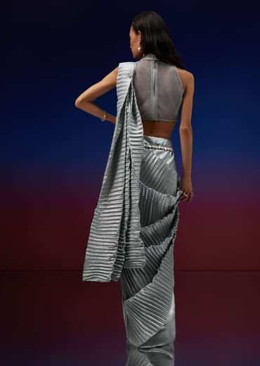 Powder Blue Silver Foil Open Saree With Net Blouse