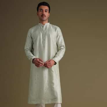 Powder Green Kurta Set With Mirror Work Embroidery In Cotton Silk