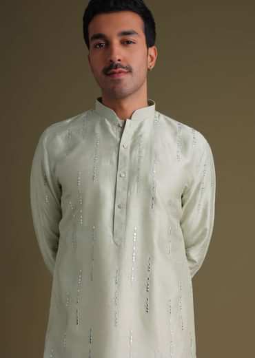 Powder Green Kurta Set With Mirror Work Embroidery In Cotton Silk