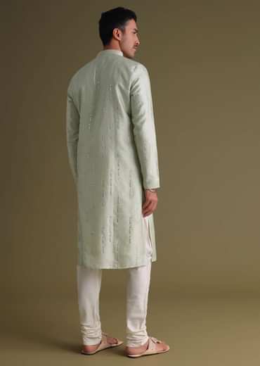 Powder Green Kurta Set With Mirror Work Embroidery In Cotton Silk