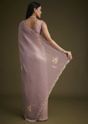 Powder Lavender Tissue Saree With Floral Embroidery