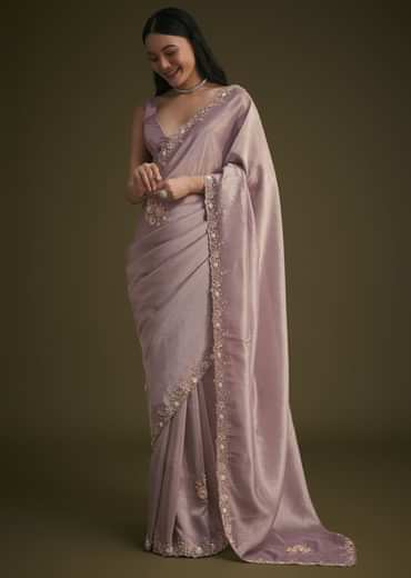 Powder Lavender Tissue Saree With Floral Embroidery