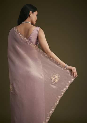 Powder Lavender Tissue Saree With Floral Embroidery