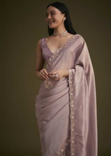 Powder Lavender Tissue Saree With Floral Embroidery