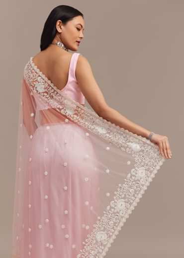 Powder Pink Net Saree Embroidered With Beads And Sequins