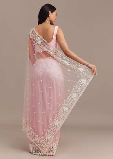 Powder Pink Net Saree Embroidered With Beads And Sequins