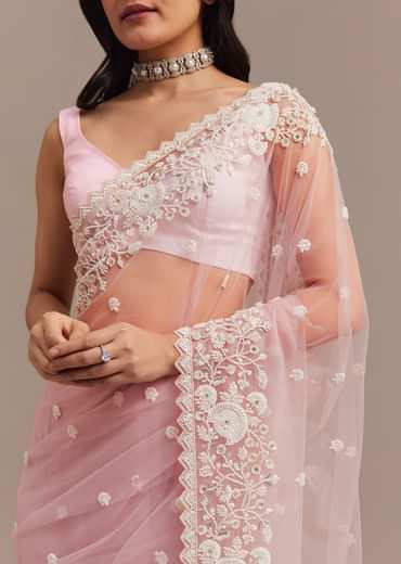 Powder Pink Net Saree Embroidered With Beads And Sequins