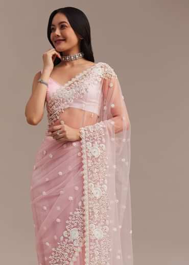 Powder Pink Net Saree Embroidered With Beads And Sequins