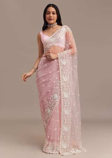 Powder Pink Net Saree Embroidered With Beads And Sequins