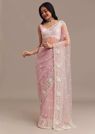 Powder Pink Net Saree Embroidered With Beads And Sequins