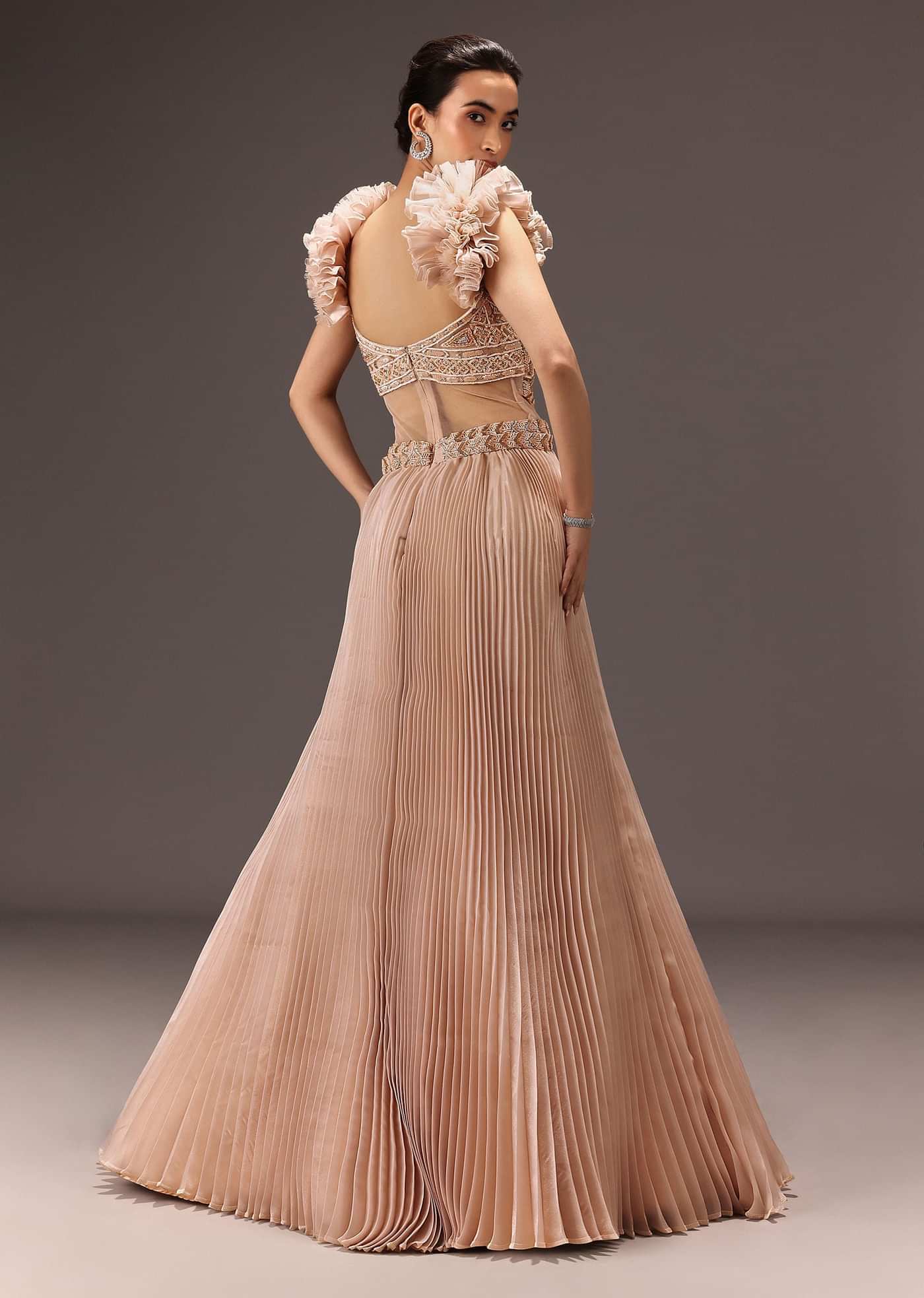 Powder Pink Ruffle Gown In Organza