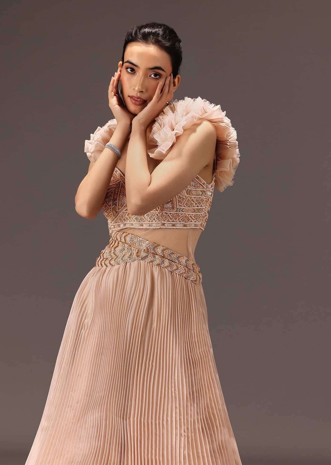 Powder Pink Ruffle Gown In Organza