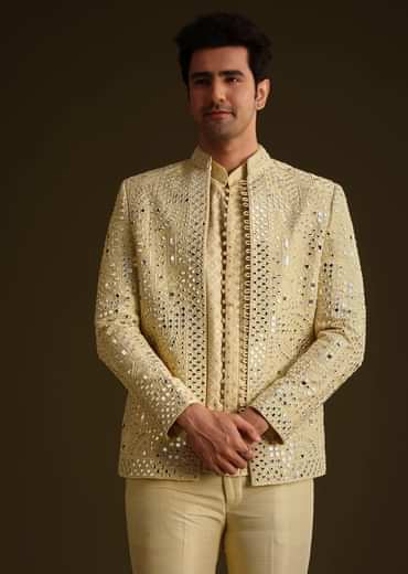 Powder Yellow Silk Mirror Work Indo Jacket Set