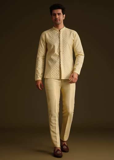 Powder Yellow Silk Mirror Work Indo Jacket Set