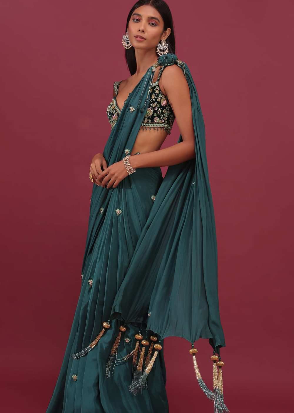 Emerald Green Pre-Pleated Saree With Floral Buttis And Embroidered Blouse - NOOR 2022