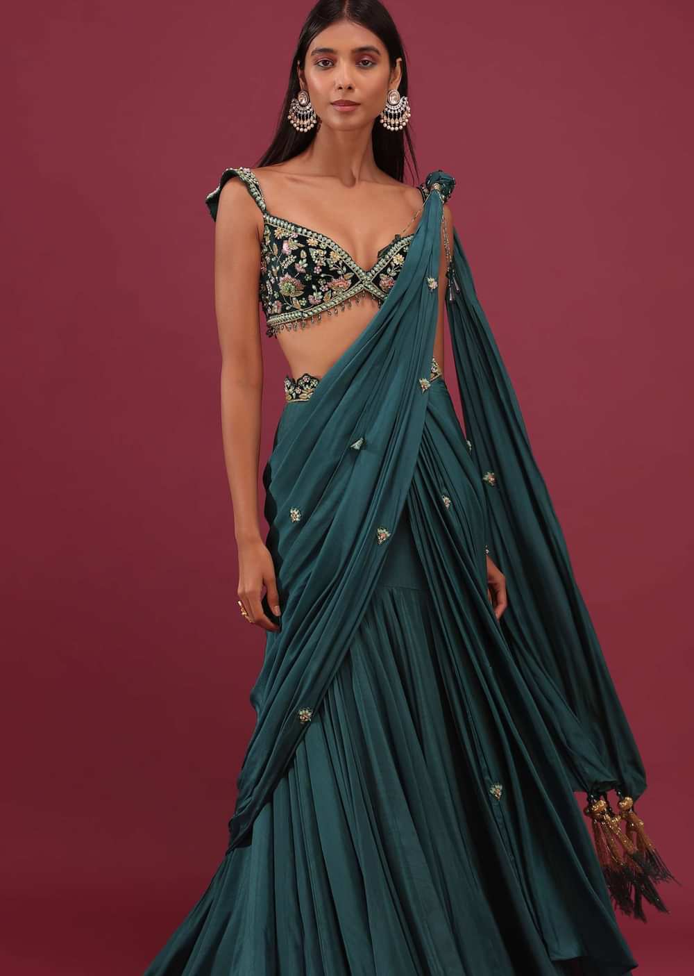 Emerald Green Pre-Pleated Saree With Floral Buttis And Embroidered Blouse - NOOR 2022