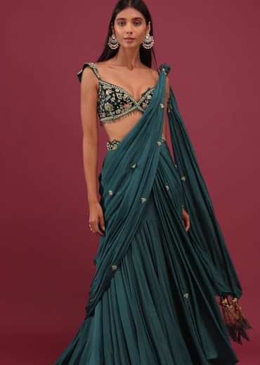Emerald Green Pre-Pleated Saree With Floral Buttis And Embroidered Blouse - NOOR 2022