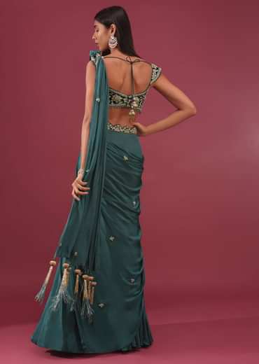 Pre-Pleated Emerald Green Saree With Floral Buttis And A Embroidered Blouse - NOOR 2022
