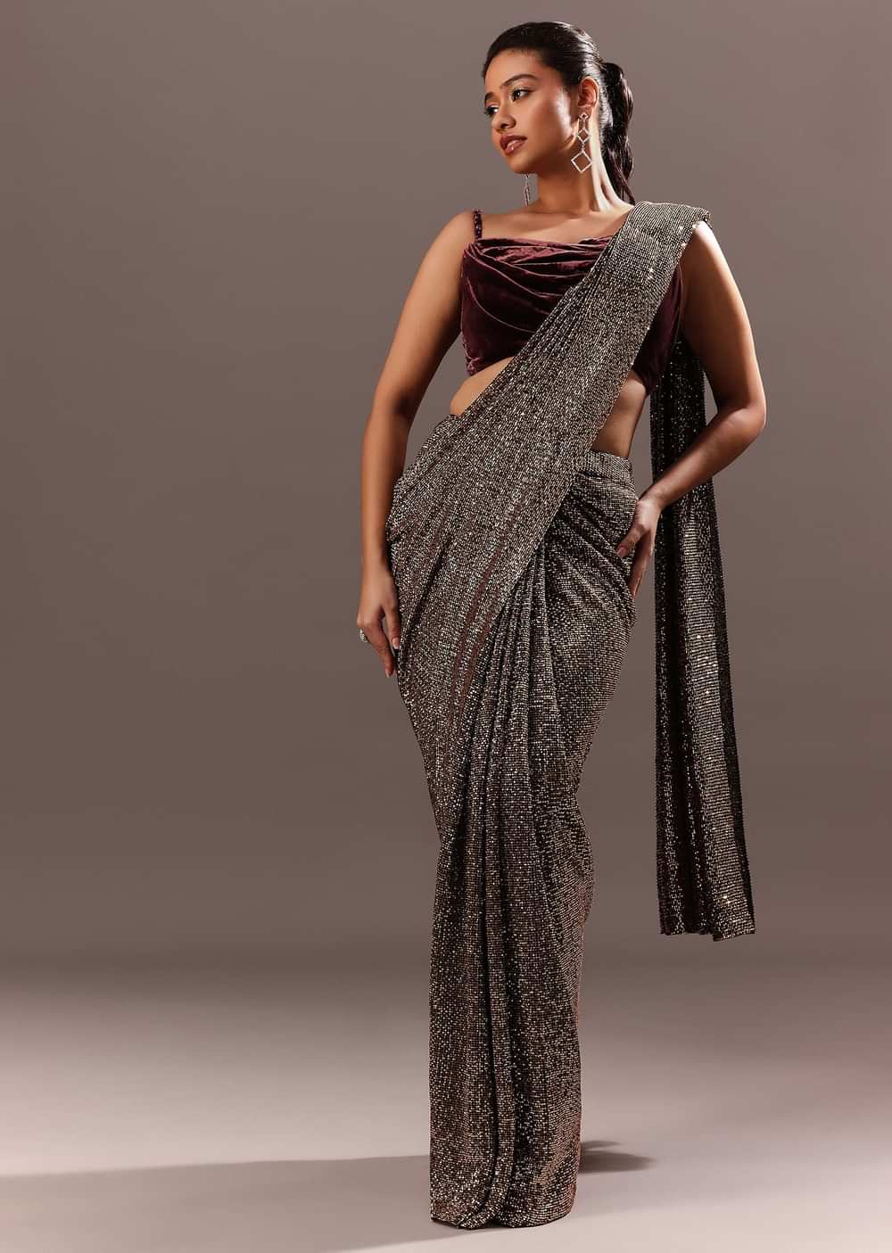 Pre Stitched Brown Sequined Saree With Cowl Blouse