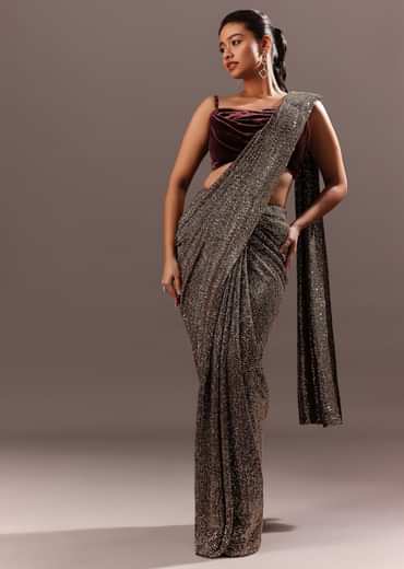 Pre Stitched Brown Sequined Saree With Cowl Blouse