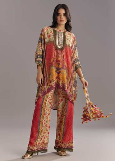 Printed Kaftan Set With Stone and Lace Work with Pant and Potli Bag