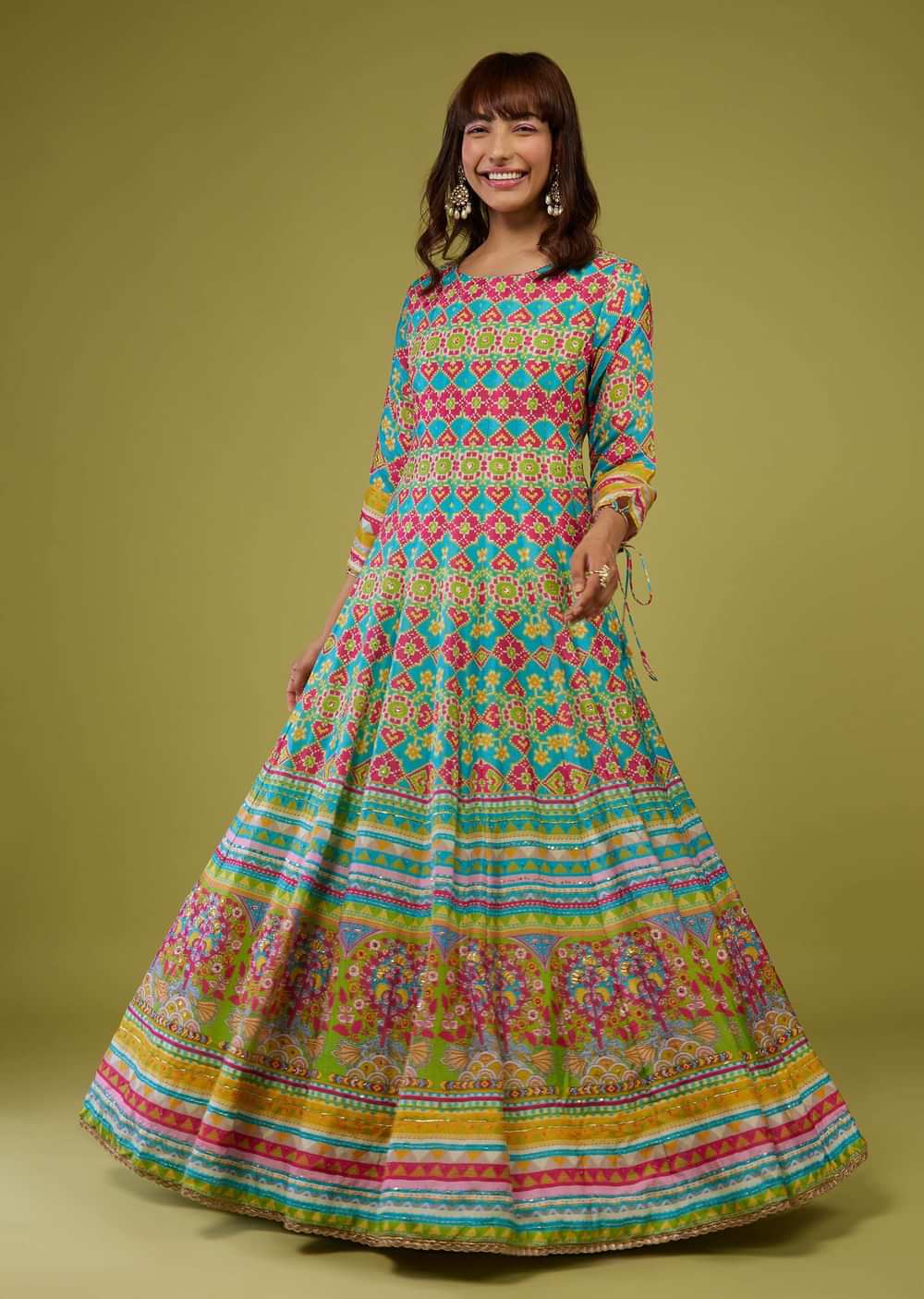 Turq Blue Flared Anarkali Kurti In Silk With Multicolor Print