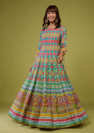 Turq Blue Flared Anarkali Kurti In Silk With Multicolor Print