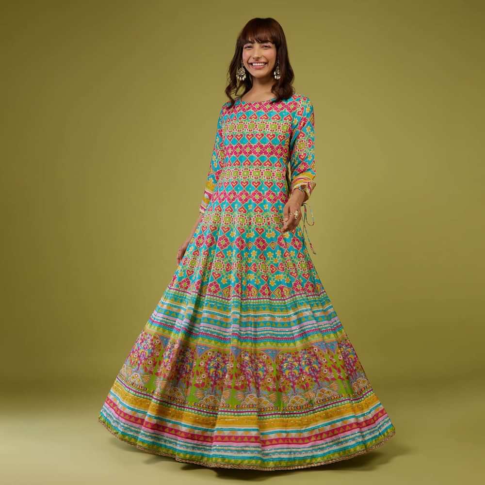 Turq Blue Flared Anarkali Kurti In Silk With Multicolor Print