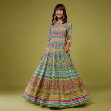 Turq Blue Flared Anarkali Kurti In Silk With Multicolor Print
