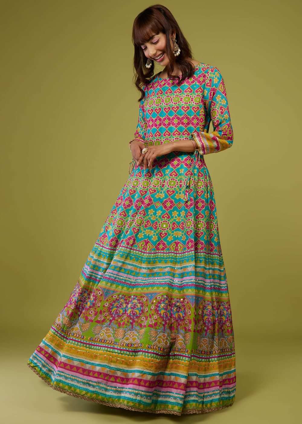 Turq Blue Flared Anarkali Kurti In Silk With Multicolor Print
