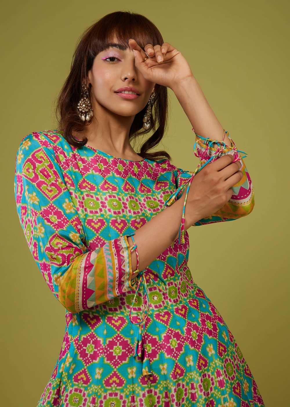 Turq Blue Flared Anarkali Kurti In Silk With Multicolor Print