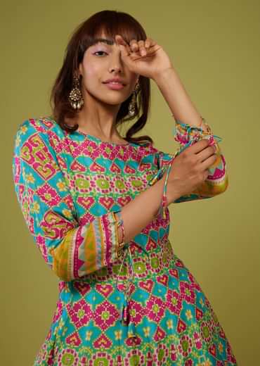 Turq Blue Flared Anarkali Kurti In Silk With Multicolor Print