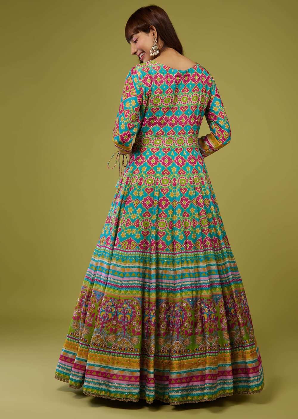 Turq Blue Flared Anarkali Kurti In Silk With Multicolor Print
