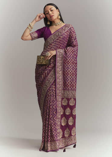 Purple Banarasi Georgette Embroidered Saree With Heavy Hand Embroidery