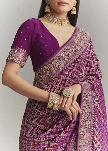 Purple Banarasi Georgette Embroidered Saree With Heavy Hand Embroidery