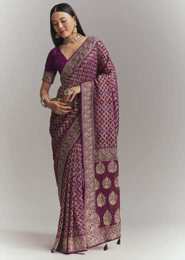Purple Banarasi Georgette Embroidered Saree With Heavy Hand Embroidery