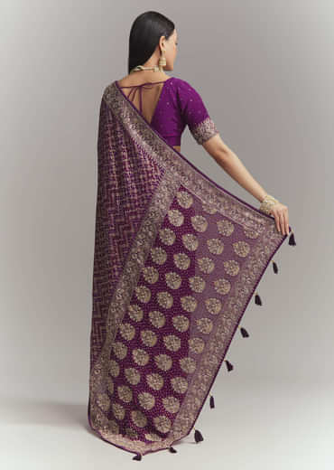 Purple Banarasi Georgette Embroidered Saree With Heavy Hand Embroidery