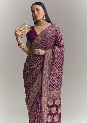 Purple Banarasi Georgette Embroidered Saree With Heavy Hand Embroidery