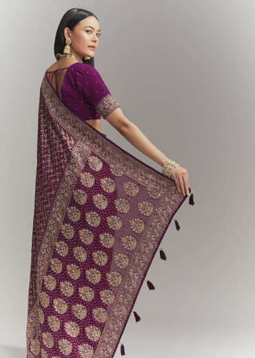 Purple Banarasi Georgette Embroidered Saree With Heavy Hand Embroidery