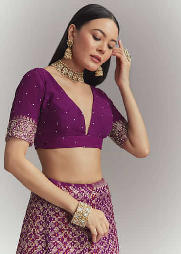 Purple Banarasi Georgette Embroidered Saree With Heavy Hand Embroidery