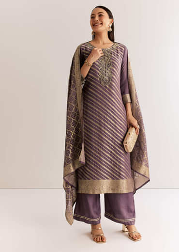 Purple Banarasi Georgette Kurta Set With Zardosi And Cutdana Work