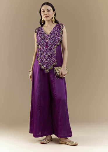 Purple Bandhani with Sequins Work Silk Jumpsuit