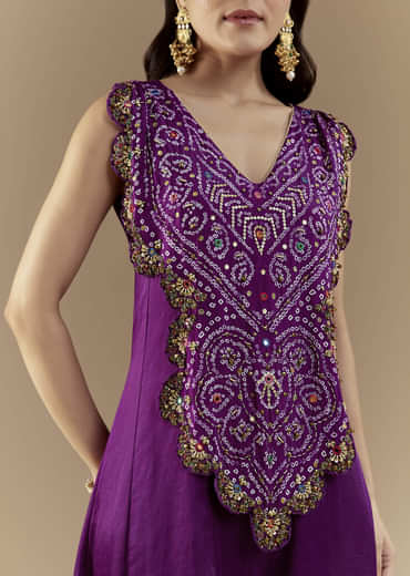 Purple Bandhani with Sequins Work Silk Jumpsuit