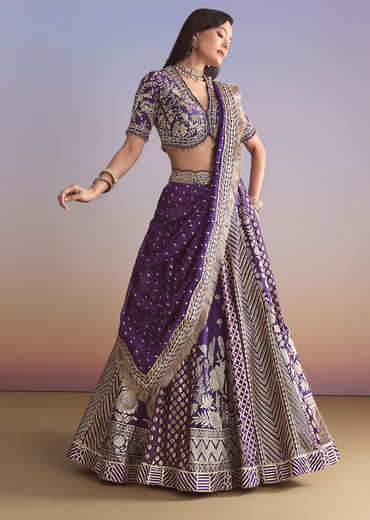 Purple Brocade Silk Bridesmaid Lehenga With Zardosi Work