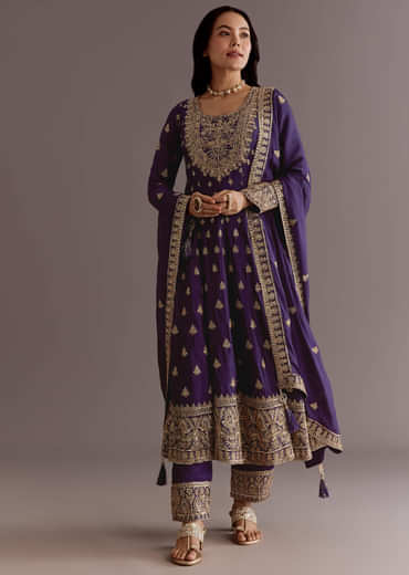 Purple Chinon Anarkali Dupatta Suit With Sequin Work