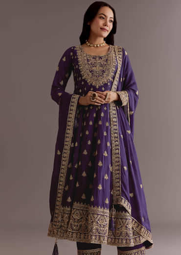 Purple Chinon Anarkali Dupatta Suit With Sequin Work