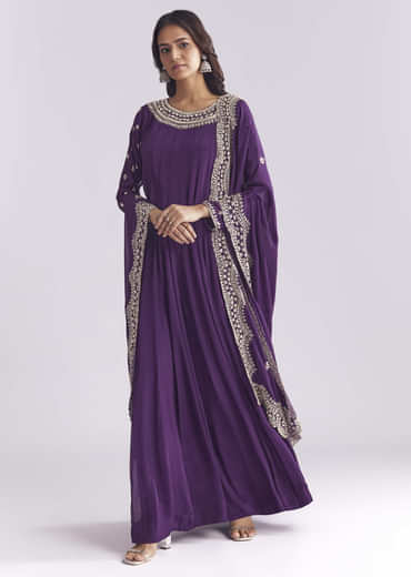 Purple Chinon Anarkali Suit With Cutdana And Sequins Work