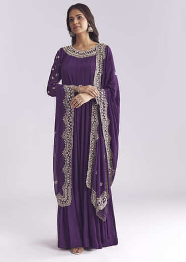 Purple Chinon Anarkali Suit With Cutdana And Sequins Work